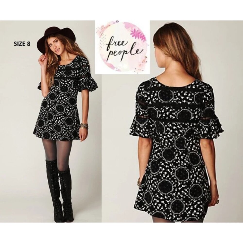 Free People Black and White Floral Satin Short Ruffle Sleeves Shift Mini Dress